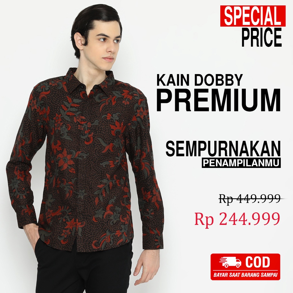 BATIK PRIA LENGAN PANJANG Kemeja Slimfit Premium Dobby Dby Dobi Dobbi Hitam Merah 724770 Cap 72 - Baju Kemeja Atasan Pakaian Setelan Batik Pria Cowok Laki Laki Remaja Keluarga Kantor Lengan Panjang Modern Slimfit Slim Fit Premium Kekinian