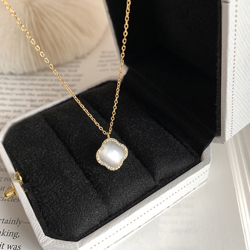 Kalung Liontin Daun Clover Opal Zircon Gaya Korea Untuk Wanita