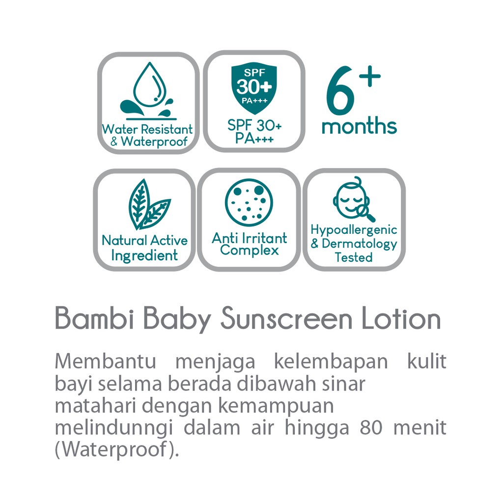 Bambi Baby Sunscreen Lotion 100ml | Lotion Sunscreen Bayi Anak Kulit Normal - Sensitif | SPF 30++ | Sunscreen Bayi Waterproof