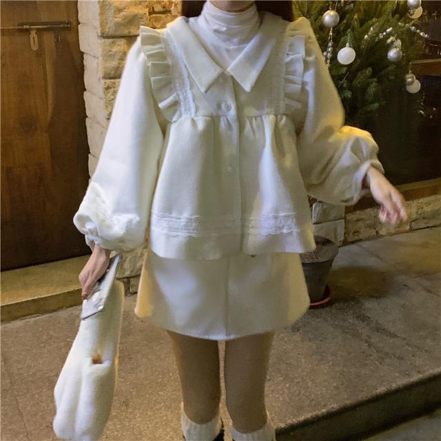 Red Jas dua potong Setelan chic pria kecil putih susu pemerah pipi Natal dengan rok tipis mantel atas wanita yang lucu