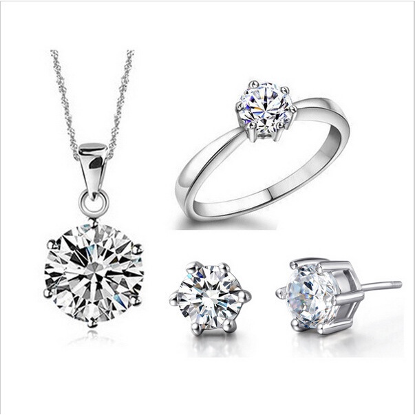 Set Kalung Cincin Stud 925 Silver Hias Zirkon Gaya Klasik