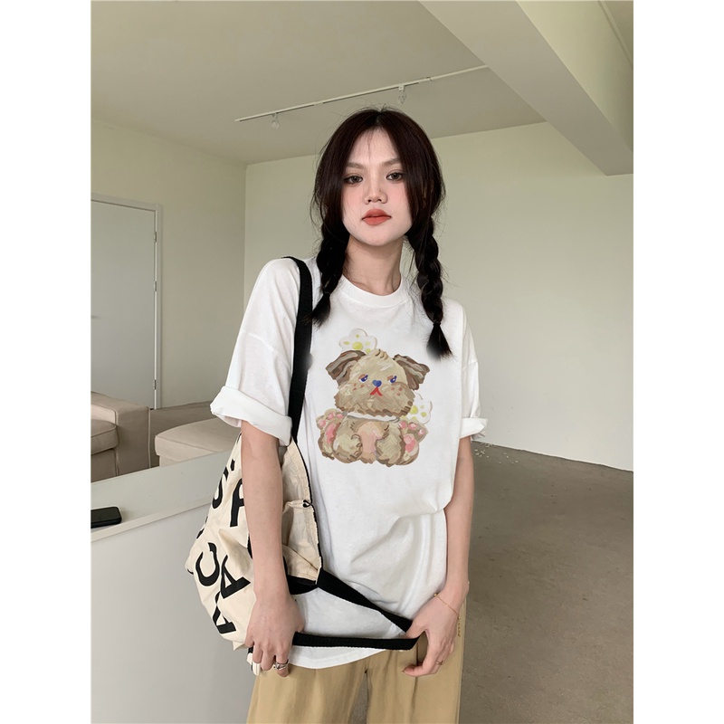 EUNII T-shirt Lengan Pendek Cartoon Oil Painting Dog Korean Style/Kaos Atasan Wanita/Baju Kaus Oversize Wanita