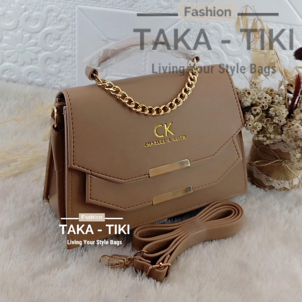 Bayar DiTempat - Tas Selempang Sling Bags CK Wanita Behel TWIN TERBARU Full Acc Import Mewah (MOCCA)