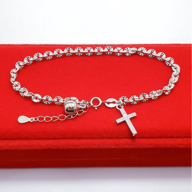 GELANG PERAK ASLI 925 / GELANG TANGAN SALIB SILVER 925 LAPIS EMAS PUTIH / GELANG SALIB WANITA PERAK 