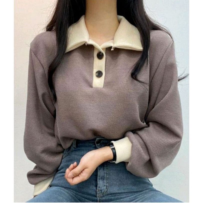 KENYA SWEATER BUTTON CREWNECK WANITA COLLOR KOREA