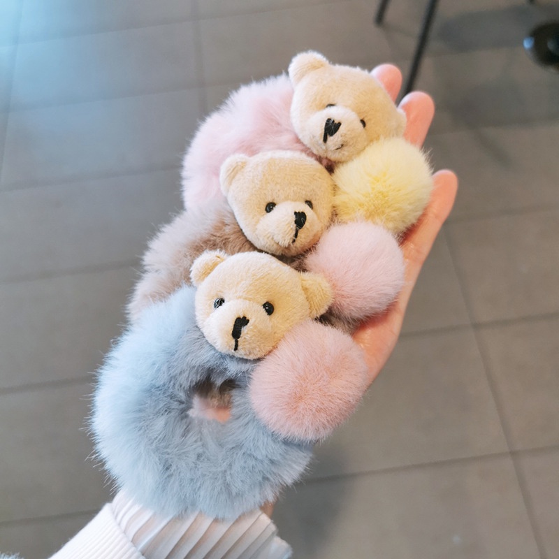 Ikat Rambut Scrunchie Bulu Lembut Tebal Model Kepala Beruang Teddy Bear untuk Wanita Anak Dewasa KCR 03