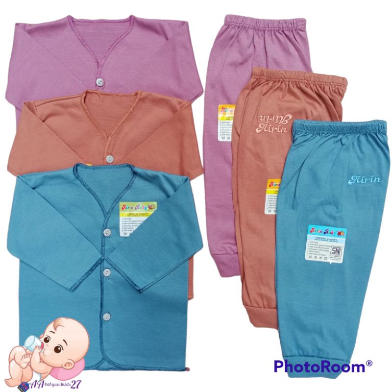 Airin 3Pasang Setelan Baju Bayi Lengan Panjang Polos Bordir Dasar Warna Usia Newborn Bahan Nyaman Berkualitas