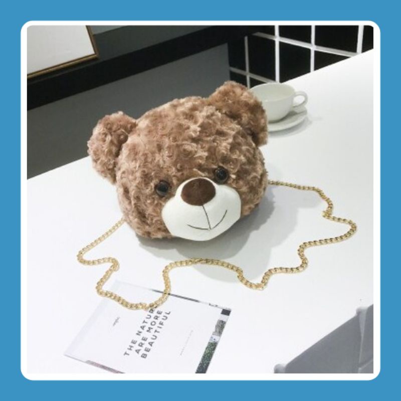 EMOEMO-Tas Bulu Selempang Wanita Teddy Bear Tas Boneka Kepala Beruang Tali Rantai Korean Style