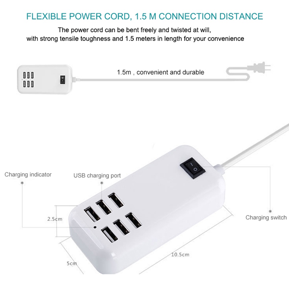 Actual【COD】Charger Adaptor 6port 30W Travel Adaptor Usb Charger 6A Rapid Charging Station Mobile Phone Desktop Travel Hub Connectors Extension Sock