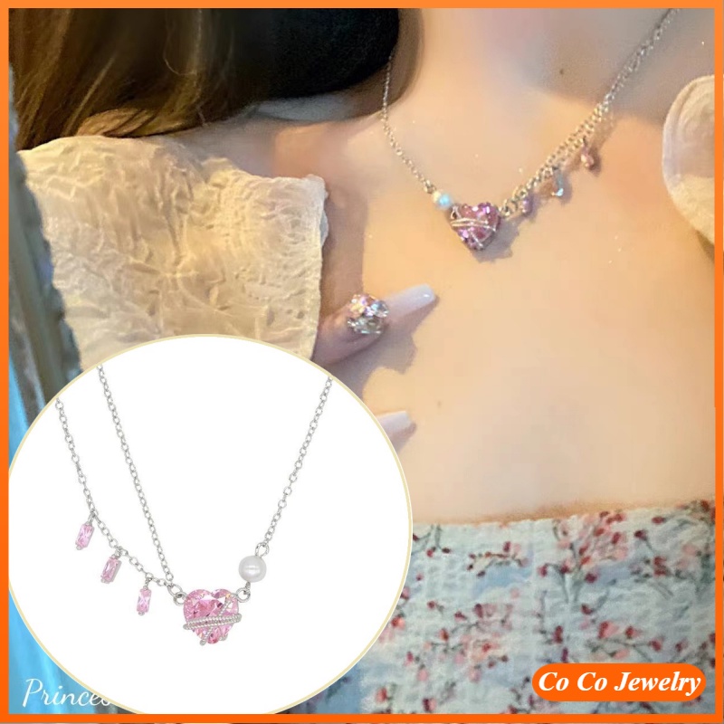 Kalung Rantai Dengan Liontin Hati Pink Aksen Batu Zircon Untuk Wanita