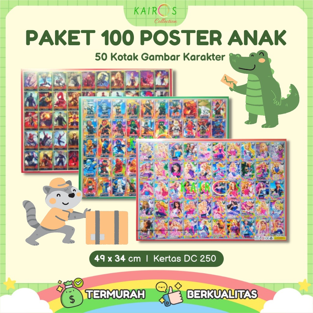 Paket 100 Poster Anak Edukasi Belajar Aneka Karakter 50 Kotak