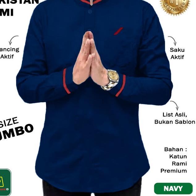 Baju Koko Pria Lengan Panjang QURTA RAJA PAKISTAN RAMI JUMBO - 27751 - Navy, M