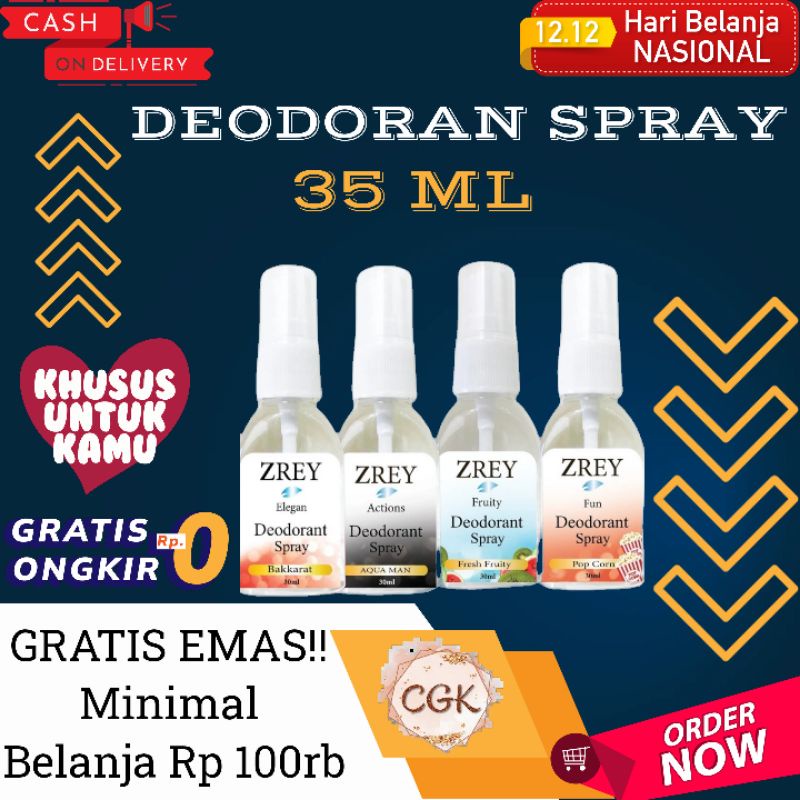 DEODORAN SPRAY ZREY 65ML NON ALKOHOL - DEODORAN SPRAY TAWAS - DEO SPRAY WANGI TAHAN LAMA