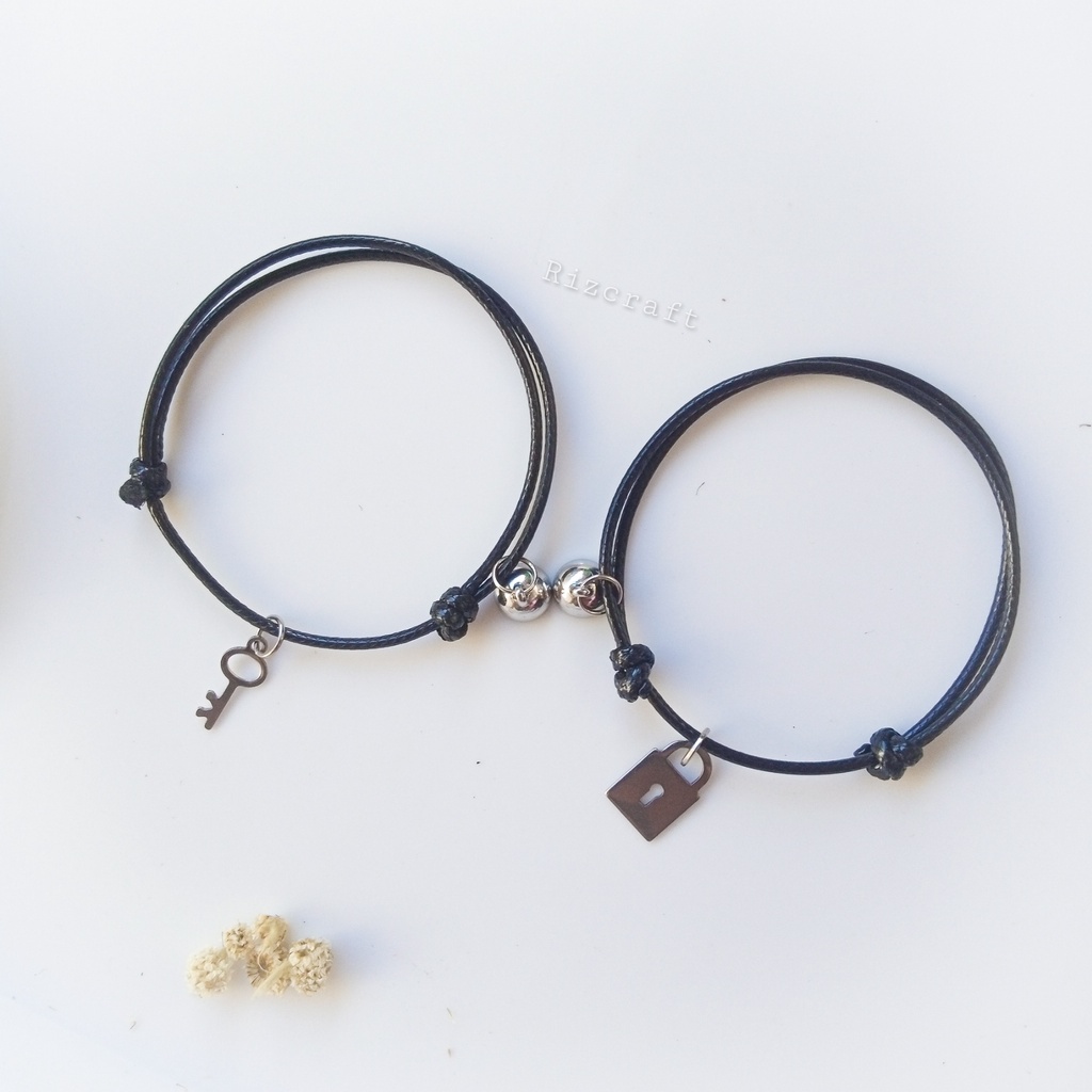 (Sepasang Gelang) Gelang Couple KUNCI GEMBOK SILVER Gelang Magnet Tali Waterproof