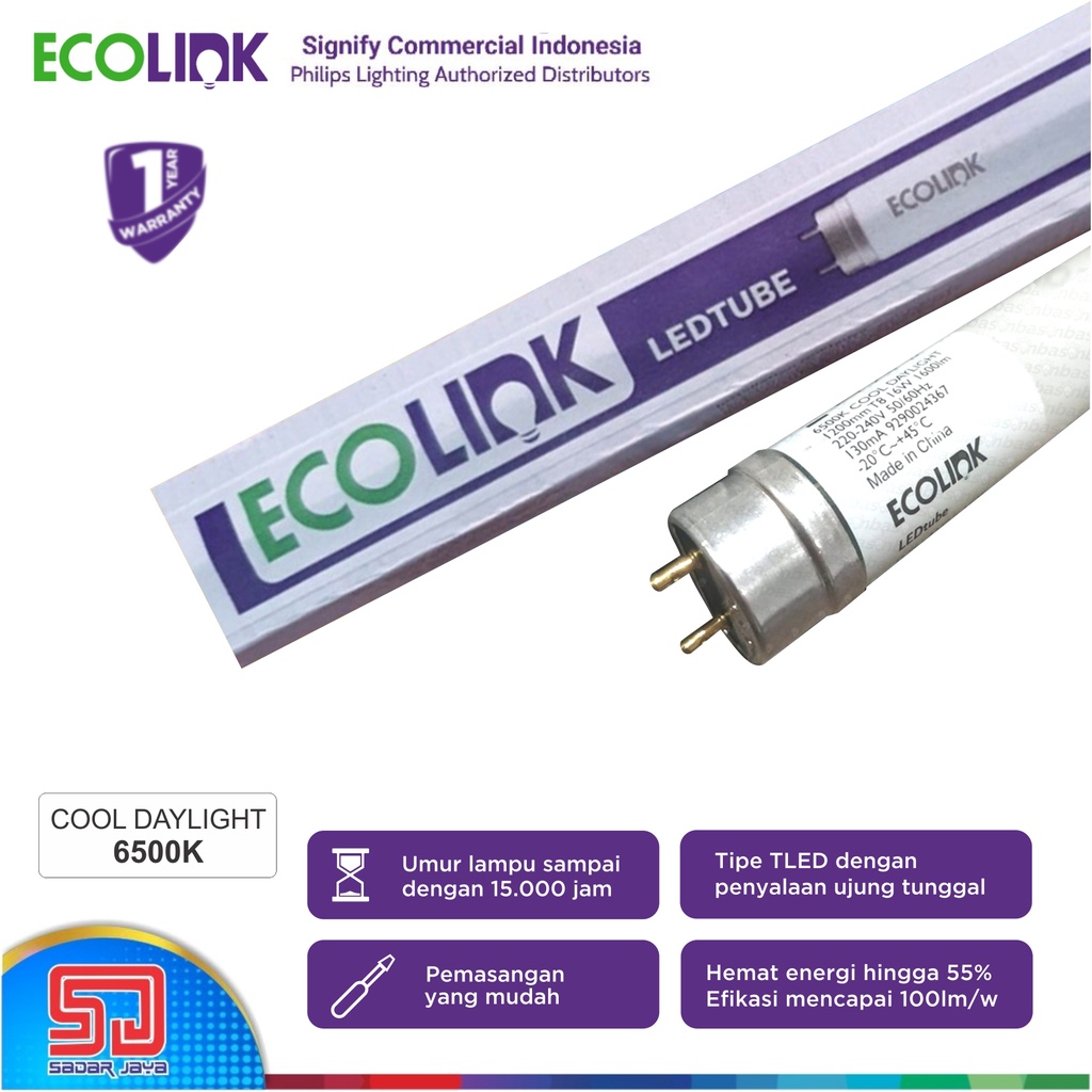 ECOLINK Lampu Neon 120cm 16W LED Tube 16Watt 16 Watt - 6500K Cool Daylight Putih