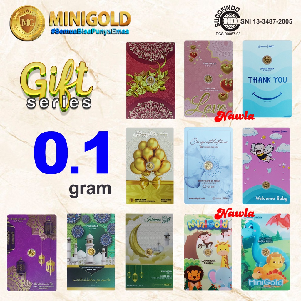 Minigold GIFT Series 0.1 gram Logam Mulia Asli Emas Murni 24 Karat untuk Hadiah Kado Souvenir Hampers 0,1 gr