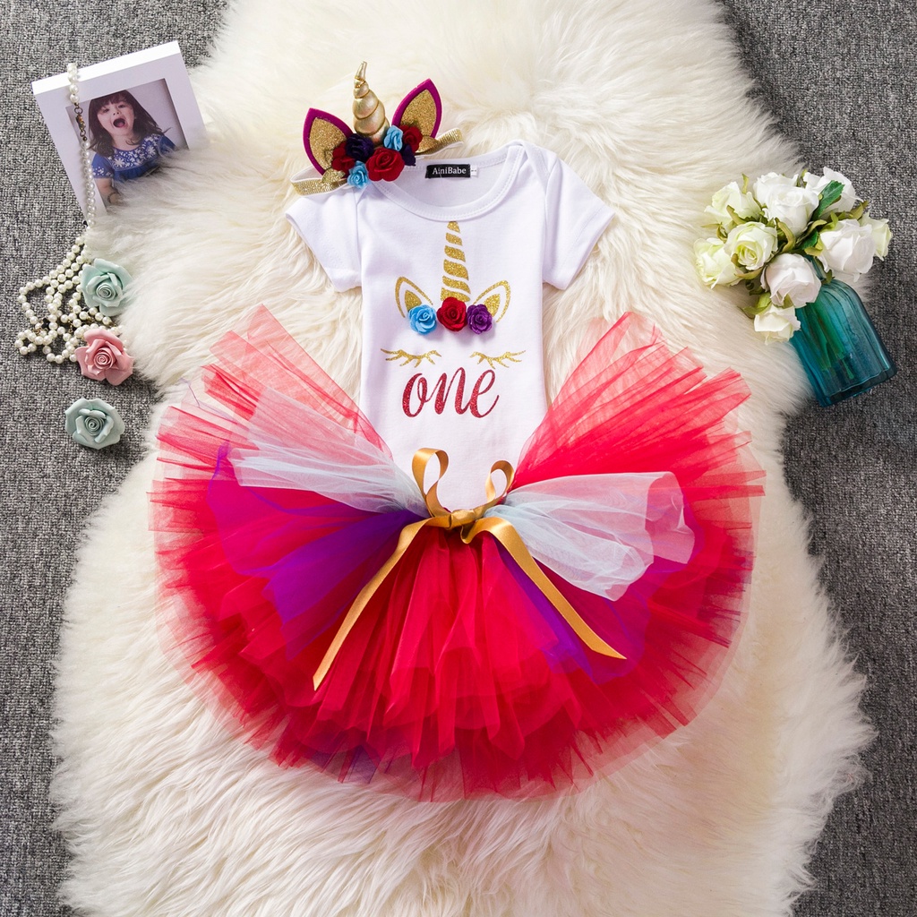 Romper bayi perempuan 1 thn/Setelan romper unicorn ulang tahun import