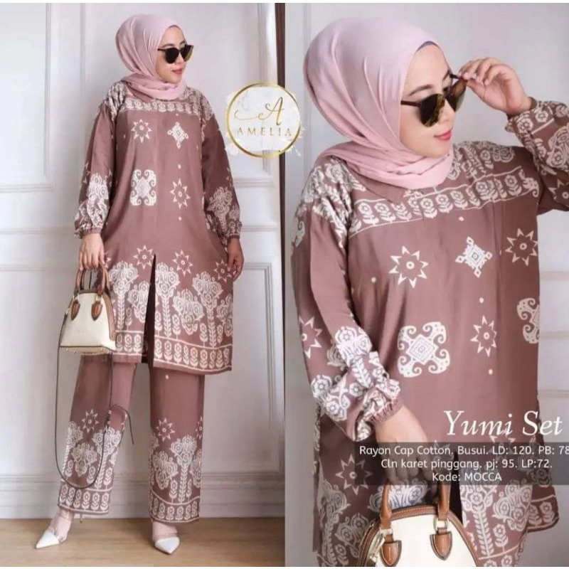 Setelan Rayon Yumi Set Long Tunik LD 120 Motif Batik Cap Print Soft Color Cotton Rayon Setelan Wanita Tiedye Full Kancing Made In Pekalongan
