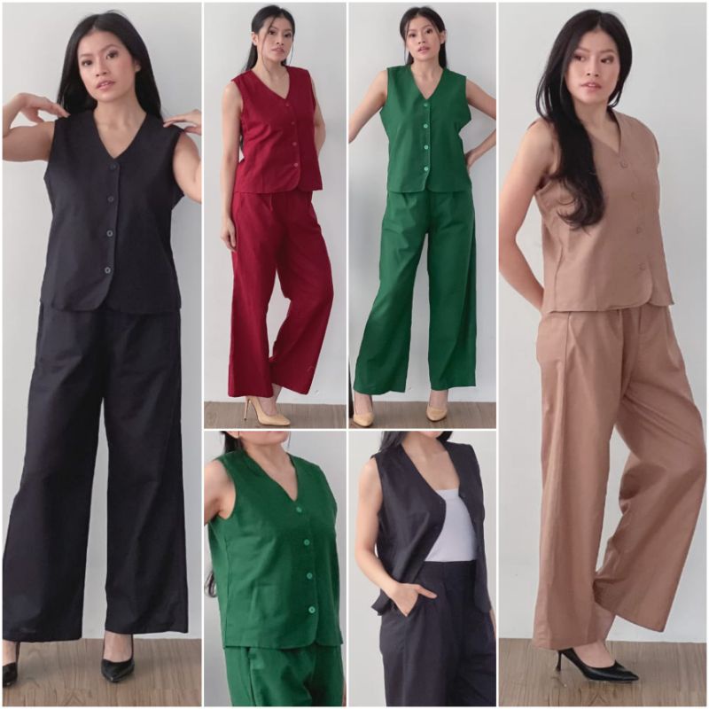 ⚡️CLEARANCE SALE ♡ PREMIUM ♡ ORIGINAL ! SHERLYN 2 IN 1 SET BUTTON  VEST OUTER WITH LONG CULLOTE PANTS / SETELAN  ROMPI  &amp; CELANA KULOT PANJANG ( HIJAB FRIENDLY )