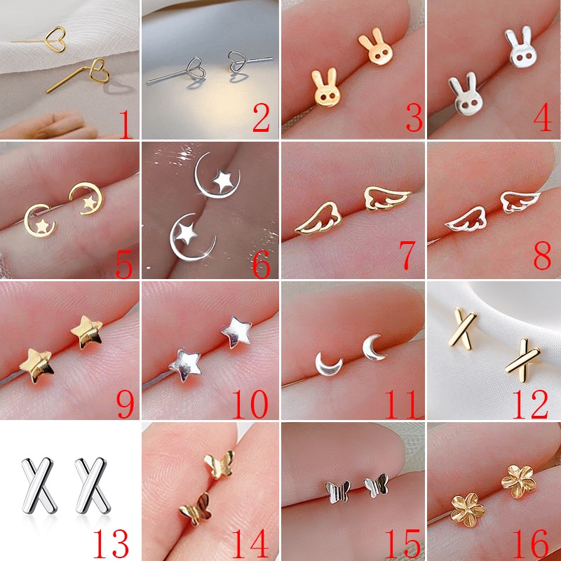 Anting Stud Silver Needle S925 Bentuk Bintang Bulan Dan Kupu-Kupu Kecil Gaya Korea Untuk Wanita