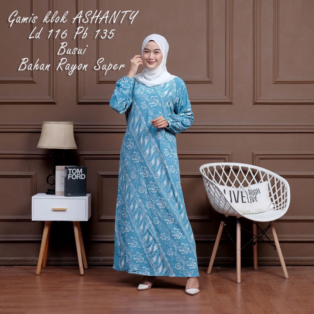 GAMIS ASHANTY RAYON PREMIUM MOTIF CAP MALAMAN BUSUI DEPAN KEKINIAN KARET LENGAN DRESS WANITA SYARI TERBRU