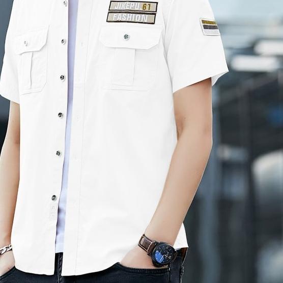 Kemeja Lengan Pendek Pria Baju Atasan Pria Hem Polos Casual Cowok - Putih
