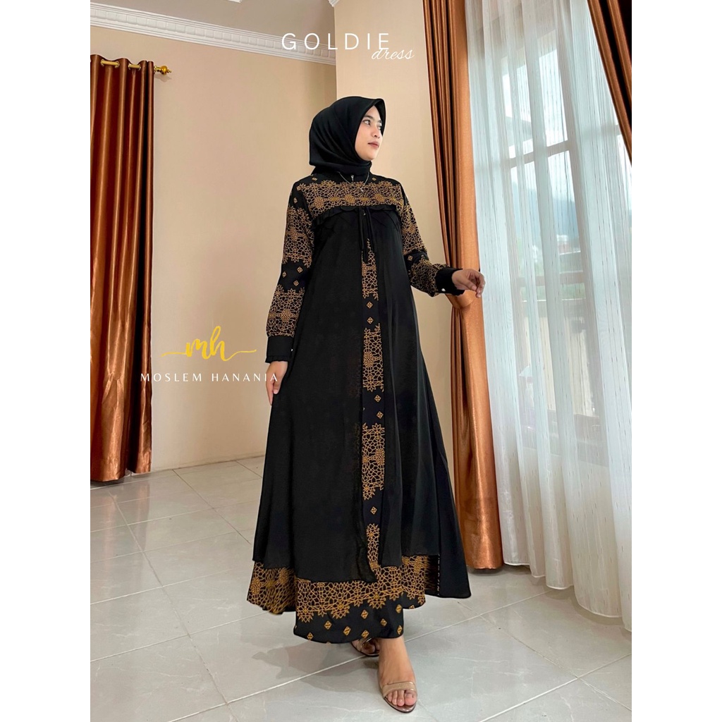 NEW SERIES DRESS PESTA TERBARU GOLDIE DRESS KATUN JACK BLACK PREMIUM MIX CERUTY / GAMIS MOTIF BATIK 