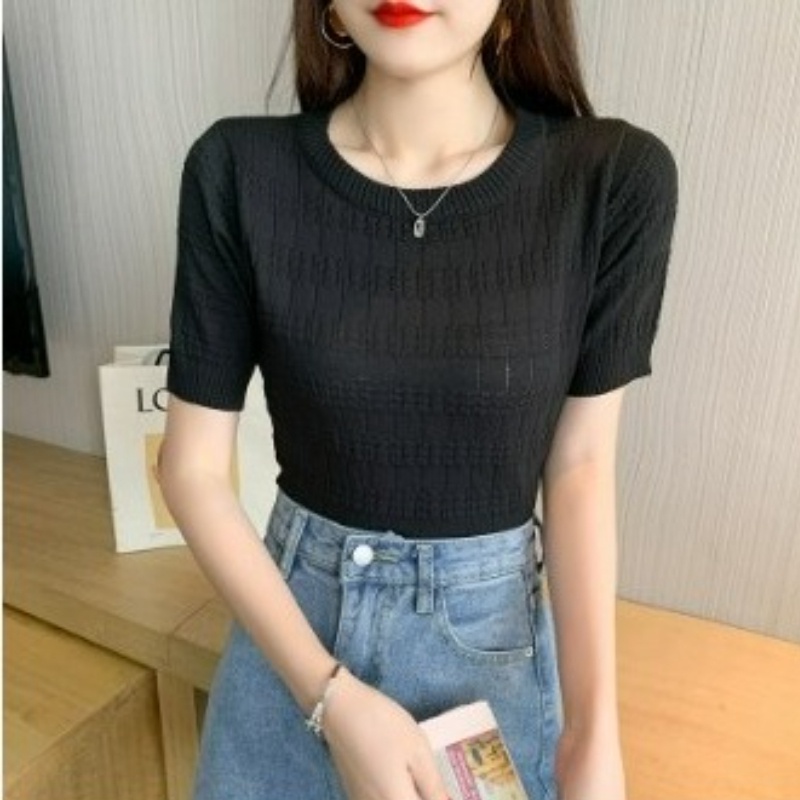 YIU YIU Rajut - Crewneck Knit Top Wanita Lengan Pendek Korea