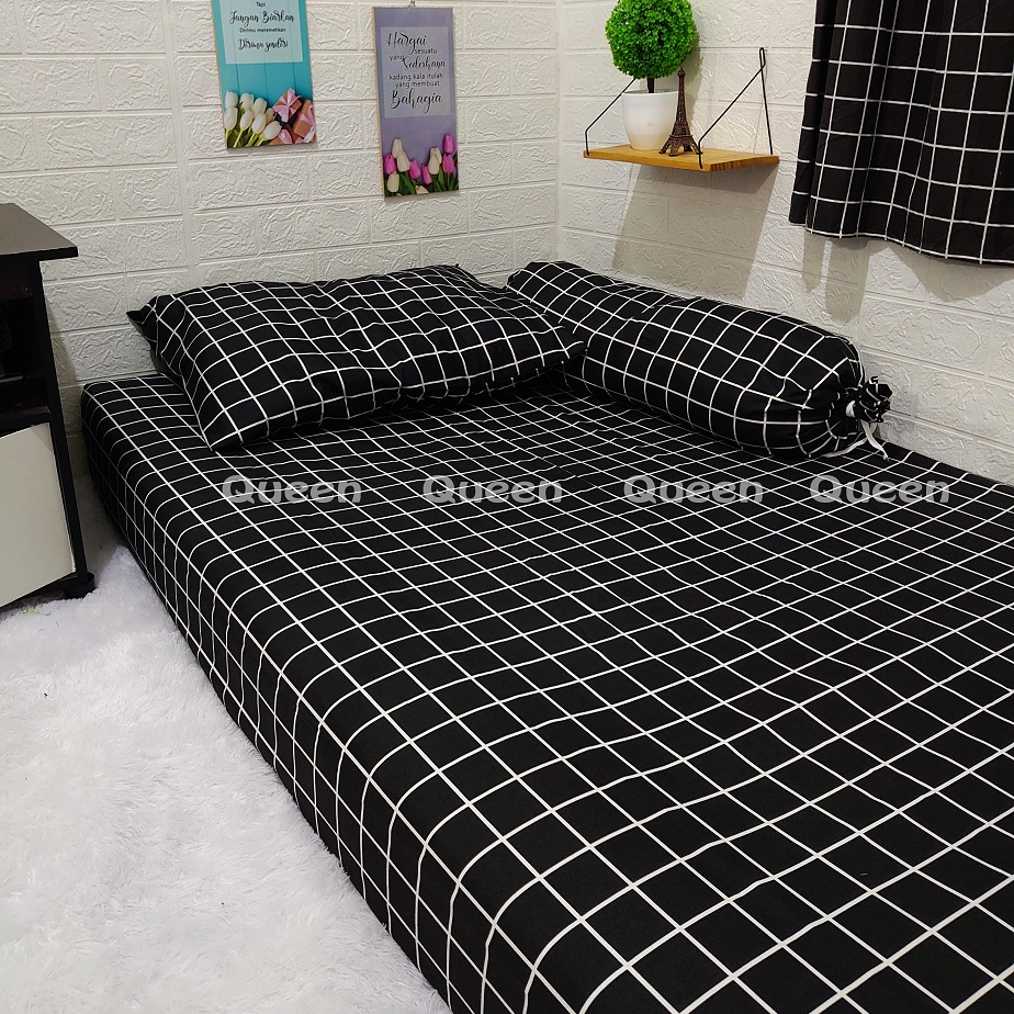 Sprei Single Aesthetic Monochrome Kotak Hitam dan Kotak putih Sprei sudut karet