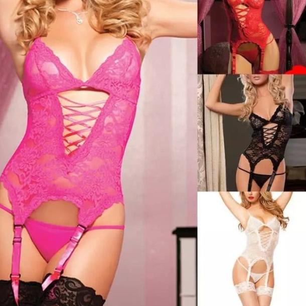 lingerie teddy Handcuff+Garter Belt kostum babydoll kado seserahan - Merah