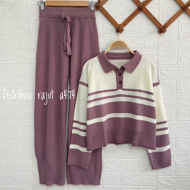 PEPONI Sweater Rajut Oversize Kerah Polo Kancing Stripe Premium Korean