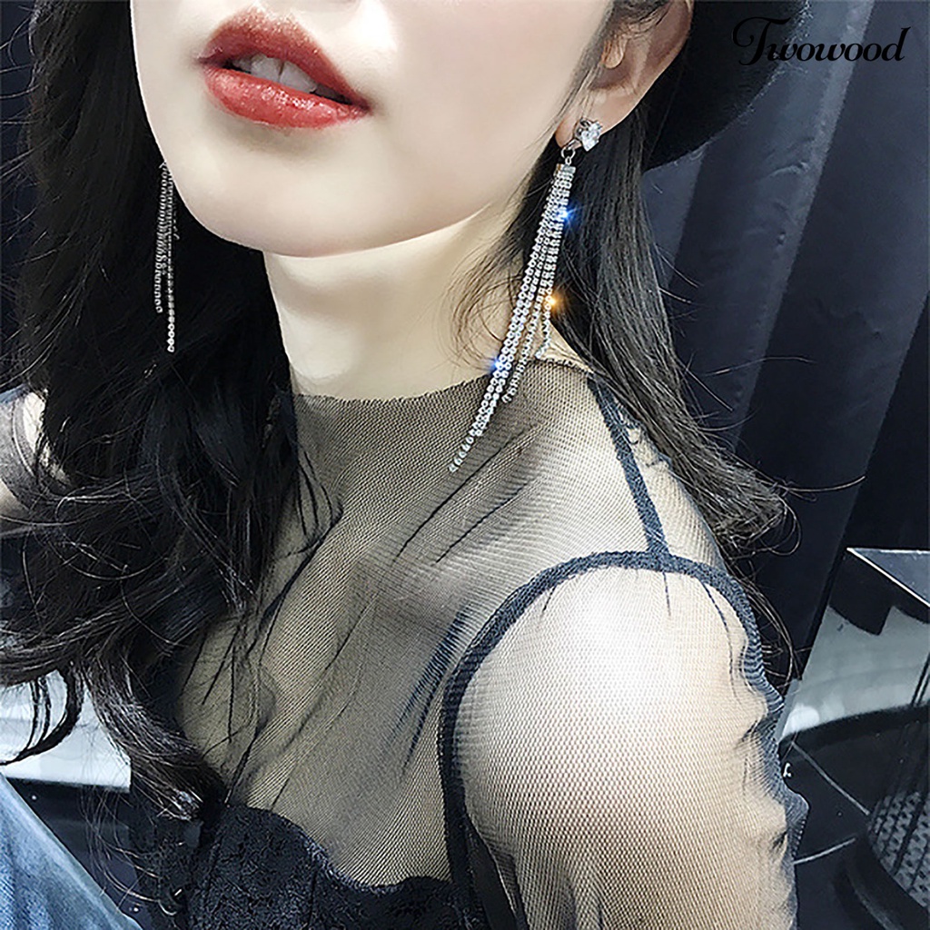 1 Pasang Anting Stud Rumbai Panjang Desain Geometris Aksen Kristal Tiruan Gaya Boho Untuk Wanita