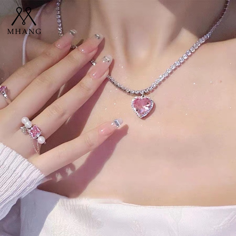 Kalung Rantai Klavikula Hias Kristal Zirkon Warna Pink Gaya Korea Untuk Wanita