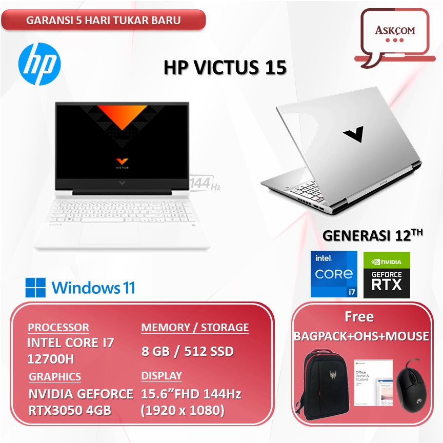 Laptop HP Victus Gaming 15 RTX3050 4GB I7 12700H 32GB 1TB SSD OHS 15.6FHD IPS 144HZ W11 FA0008TX/FA0011TX