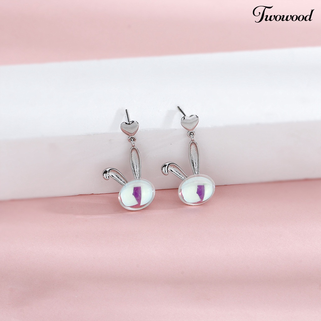 1 Pc Anting Stud Desain Kepala Kelinci Hati Batu Bulan Palsu Bahan Tembaga Anti Karat