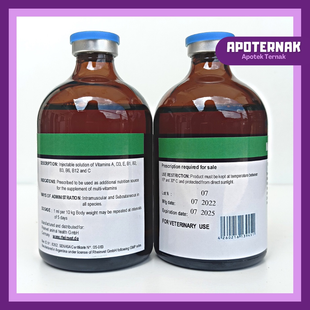 MULTIRHEINVIT Injeksi | Multivitamin Cegah &amp; Obati Gangguan Pertumbuhan Pencernaan Reproduksi &amp; Otot | Rheinvet Jerman
