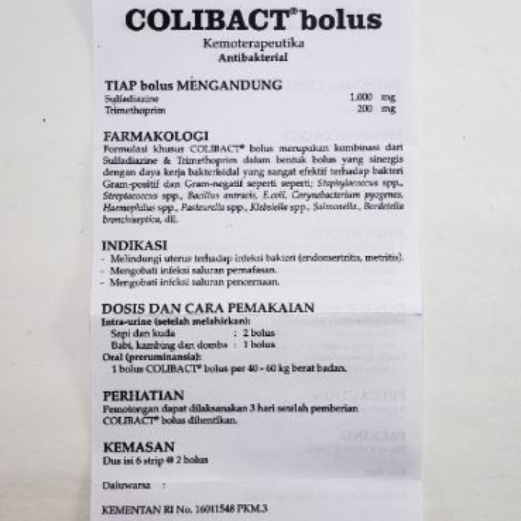 COLIBACT Bolus 1 pcs | Obat Antibiotik Hewan Diare Batuk Pilek | Infeksi Saluran Pencernaan Pernafasan Kemih | SANBE | Apoternak