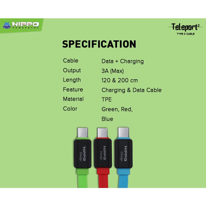 Hippo Kabel Data Teleport 2 USB to TYPE C 2.4A Quick Charge 3.0 Fast Charging Android HP Data Cable