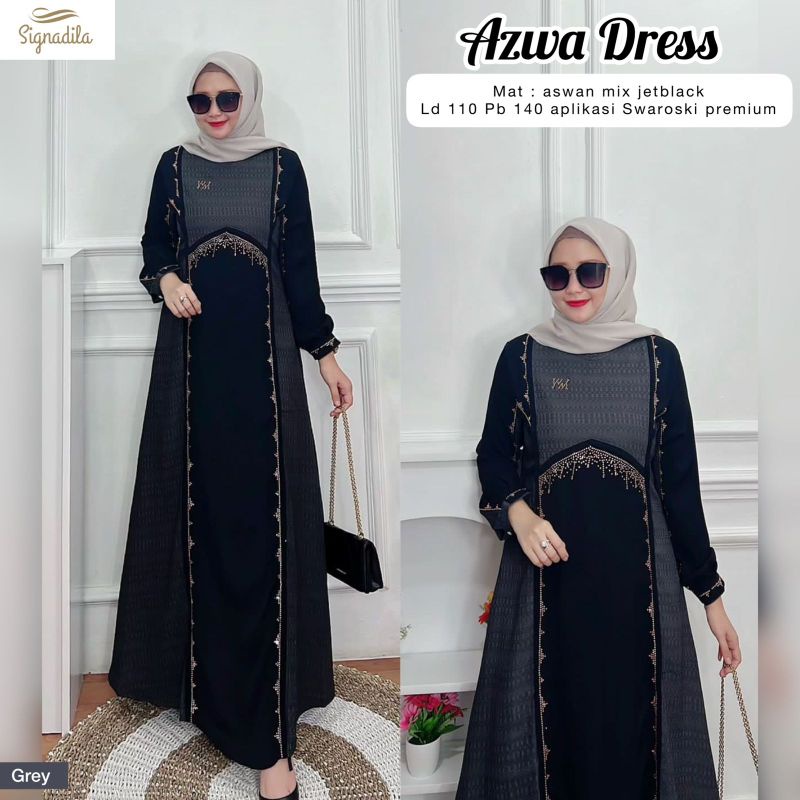 AZWA DRESS GAMIS ABAYA WANITA BAHAN ASWAN MIX JETBLACK AKSEN HIASAN SWAROSKY