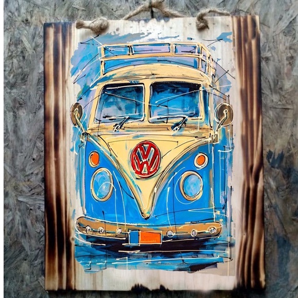 HIASAN DINDING MOBIL VW COMBI ABSTRAK DEKORASI PAJANGAN LUKISAN KAYU