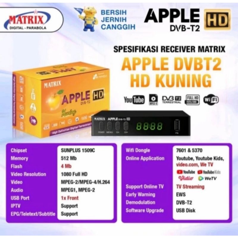 Receiver TV/Set Top Box STB Matrix Apple Kuning HD DVB T2 Digital