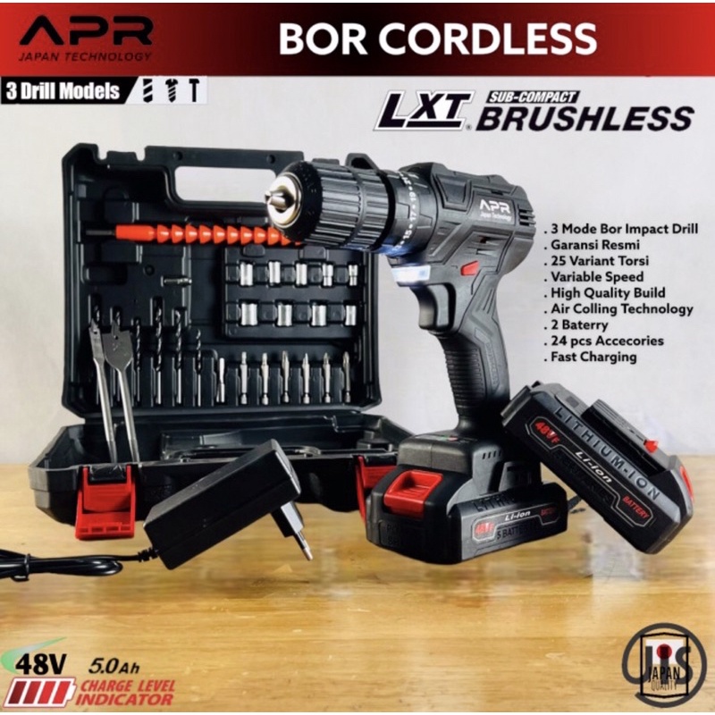 Mesin bor cordless APR JAPAN 48v 13mm Brushless fulset koper