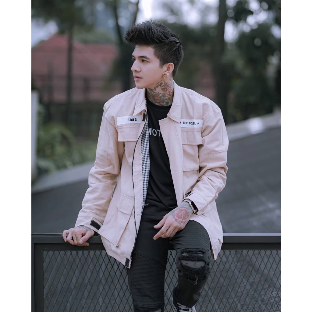 Jaket Semi Parka Pria Dewasa Jacket Canvas Pakaian Army Cream Basic Logo Bordir Style Cesual Outwear