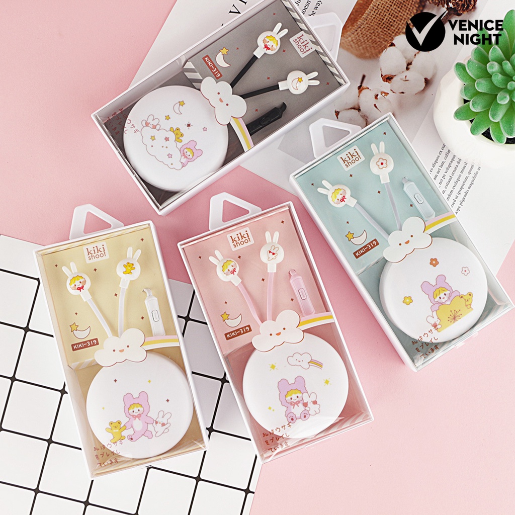 (VNEP) (Berkabel) Earbud Sensitif HD-kompatibel Memanggil dengan Mikrofon Cartoon Rabbit Box Earphone Stereo 3.5mm untuk Mendengarkan Musik