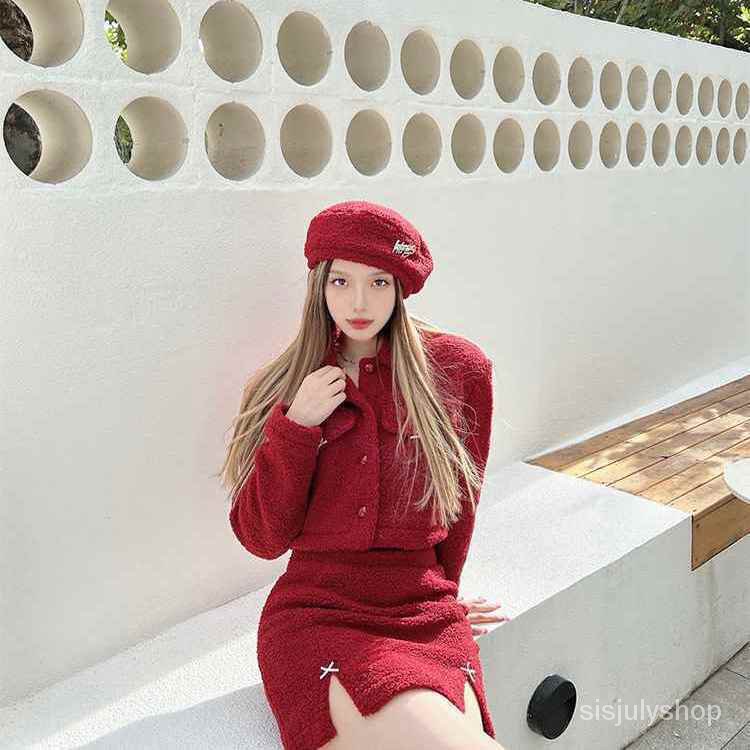 #Sisjuly# Set Setengah Rok Setengah Pinggang Pinggang Tinggi Jaket Mewah Merah Natal Wanita