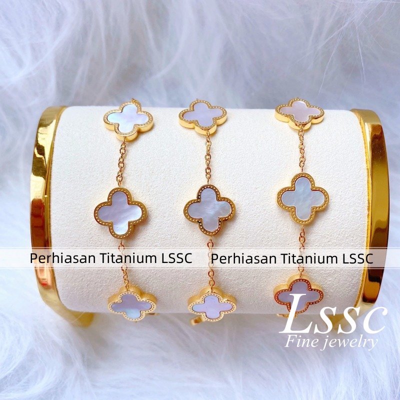 Gelang Titanium Bunga Hitam Keberuntungan Cantik Wanita Anti Karat Emas 18K Perhiasan Fashion Korea