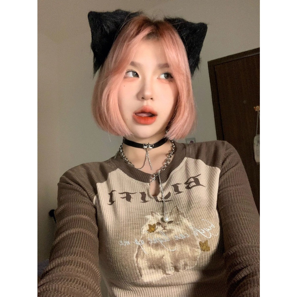 Red Benang elastis kecil U-leher musim gugur lengan panjang atas wanita t-shirt pendek self-budidaya keinginan murni gaya kemeja hot girl bm tren