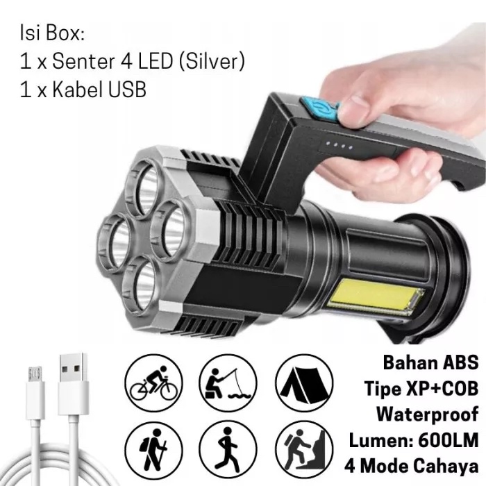 Senter L-20 Gagang LED 4 Mata 48W + 20W Lampu COB 4 Mode Rechargeable Portable Cahaya Super Terang