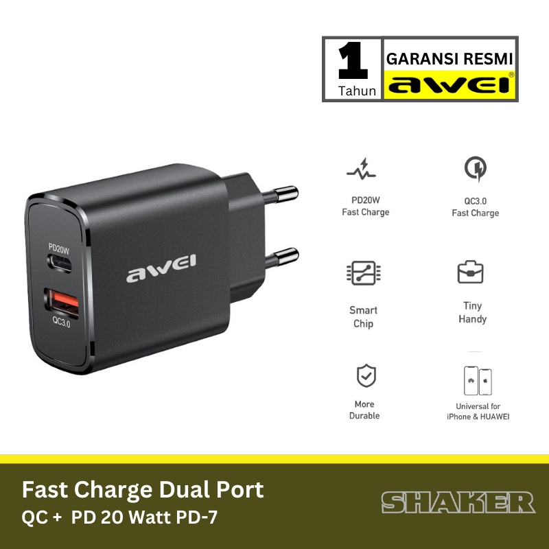 Wall Charger AWEI Charger Fast Charging 20W PD Dual USB Type C 3.0 - PD7