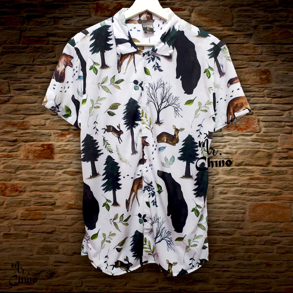 Baju Kemeja Motif Autumn Forest | Kemeja Pria / Wanita Import Kekinian | Kemeja Putih Hawai Kasual C